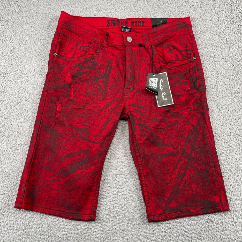 Smoke Rise Shorts Mens 34 Red Denim Acid Wash Distressed Streetwear Casual